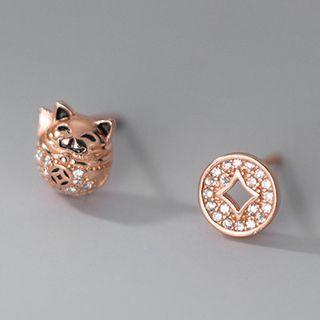 Fortune Cat & Coin Rhinestone Asymmetrical Sterling Silver Earring