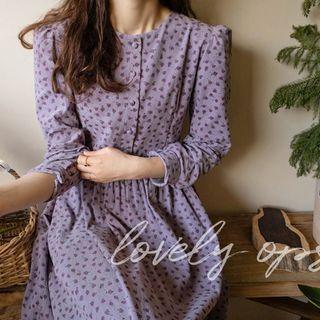 Shirred Floral Long Corduroy Dress Purple - One Size