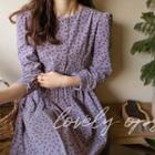 Shirred Floral Long Corduroy Dress Purple - One Size