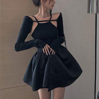 Plain Camisole / Long Sleeve Cape Top / High Waist A-line Mini Skirt