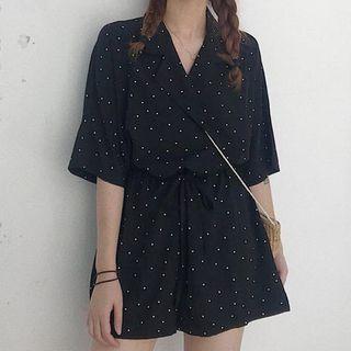 Dotted Short-sleeve Ribbed Drawstring Playsuit Black - One Size