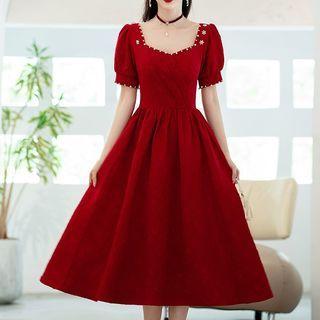 Puff-sleeve Faux Pearl Floral A-line Cocktail Dress
