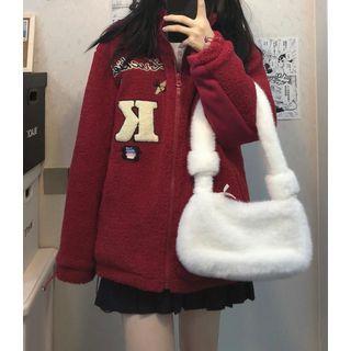 Lettering Zip Fleece Jacket Red - One Size