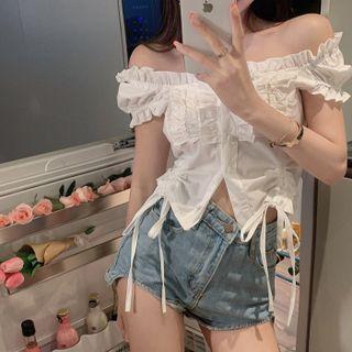 Off-shoulder Frill Trim Drawstring Crop Top