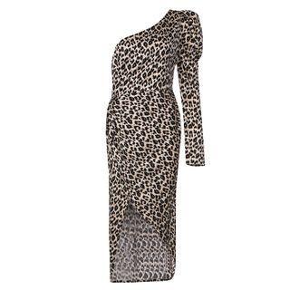 Long-sleeve One-shoulder Leopard Print Midi Sheath Dress