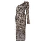 Long-sleeve One-shoulder Leopard Print Midi Sheath Dress