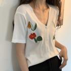 Short-sleeve Floral Embroidered Buttoned Knit Top