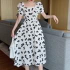 Short-sleeve Bow Print Cutout Midi A-line Dress