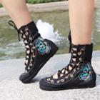 Embroidered Lace-up Ankle Boots