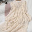 Fringed Balloon-sleeve Midi A-line Dress Almond - One Size