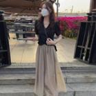 Puff-sleeve V-neck Top / Maxi A-line Skirt / Set