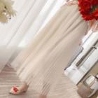 Pleated Mesh Overlay Maxi Skirt Almond - One Size