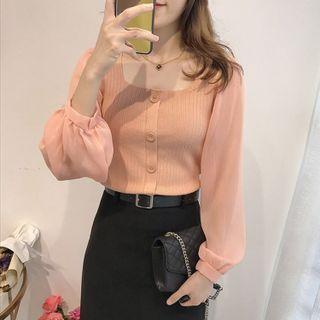 Balloon-sleeve Square-neck Knit Panel Top