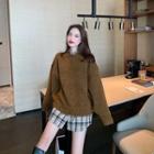 Plain Crewneck Loose-fit Long-sleeve Knit Sweater / Plaid High-waist Loose-fit Skirt