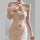 Long-sleeve Flower Midi Sheath Dress