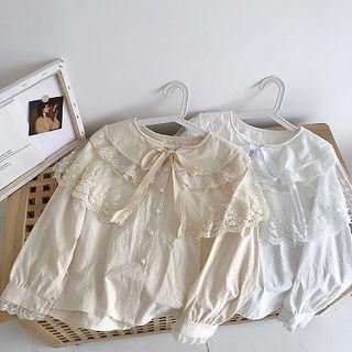 Plain Lace-trim Single-breasted Lace-up Long-sleeve Blouse