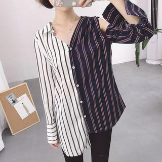 Contrast Stripe Panel Cold Shoulder Asymmetric Long Shirt