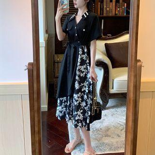 Short-sleeve V-neck Panel Mock Two-piece Dress