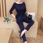 Set: 3/4-sleeve Striped Tie-waist Top + Striped Cropped Pants