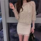 Long-sleeve Sequin Top / Mini Fitted Lace Skirt