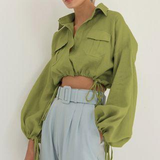 Puff Sleeve Drawstring Crop Shirt