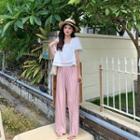 Puff-sleeve Square-neck Lace-up Top / High-waist Wide-leg Pants