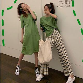 Short-sleeve Cut Out T-shirt / T-shirt Dress / Plaid Wide-leg Pants