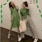 Short-sleeve Cut Out T-shirt / T-shirt Dress / Plaid Wide-leg Pants