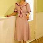 Short-sleeve Contrast Trim Wide Collar A-line Midi Dress