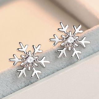925 Sterling Silver Rhinestone Snowflake Earring Silver - One Size