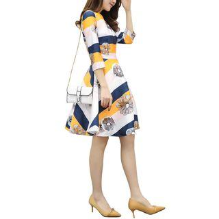 Floral Print Striped 3/4 Sleeve A-line Dress