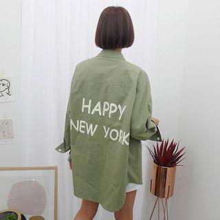 Plus Size Snap-button Letter-printed Shirt Khaki - One Size