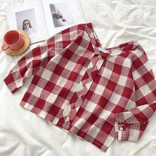 Color-block Plaid V-neck Long-sleeve Blouse