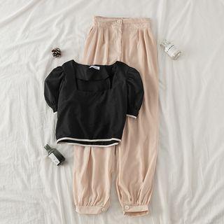 Set: Puff-sleeve Contrast-trim Blouse + Pleated Pants