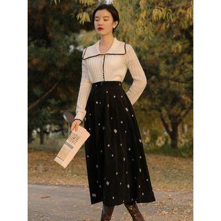 Set: Collared Cardigan + Floral Embroidered Midi A-line Skirt