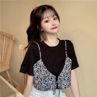 Mock Two-piece Printed Panel Short-sleeve T-shirt