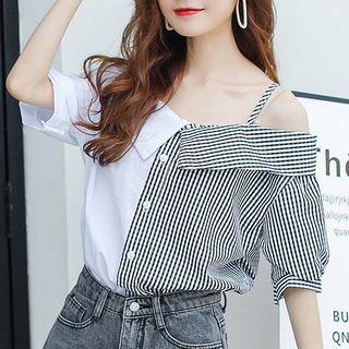 Plaid Panel Elbow-sleeve Cold Shoulder Blouse