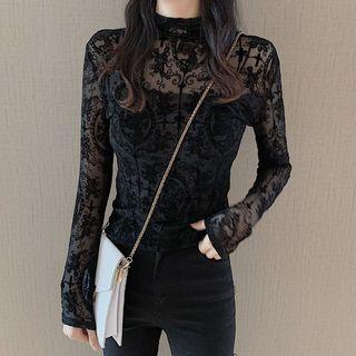 Mock-turtleneck Long-sleeve Mesh Top Black - One Size