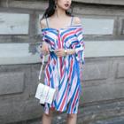 Striped Elbow-sleeve Cold-shoulder Shirtdress
