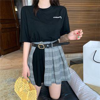 Set: Lettering T-shirt Dress + Plaid Skirt With Belt Black - One Size