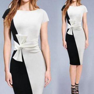 Bow Accent Color Panel Short Sleeve Midi Dress