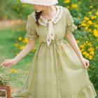 Balloon-sleeve Floral Embroidered Plaid A-line Dress