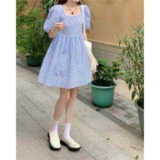 Short-sleeve Floral Print A-line Dress Dress - Floral - Blue - One Size