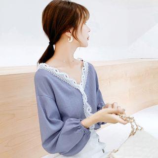 V-neck Lace Trim Gingham Chiffon Blouse