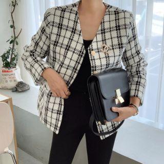 Collarless V-neck Tweed Blazer