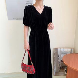 Short-sleeve Midi A-line Velvet Dress / Long-sleeve Mesh Top