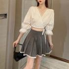 V-neck 3/4-sleeve Top / Pleated Skirt