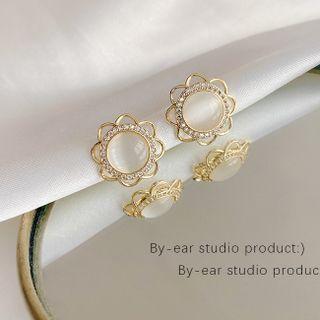 Flower Cat Eye Stone Sterling Silver Earring E4092 - 1 Pair - Gold - One Size