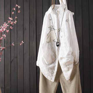 Long-sleeve Animal Embroidered Blouse White - One Size