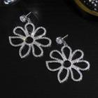 Rhinestone Flower Drop Earring 1 Pair - Silver Pin - Silver - One Size